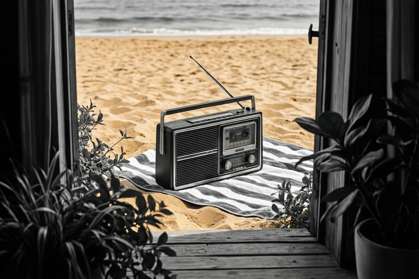Door een open houten deuropening met kamerplanten is een draagbare radio uit de jaren zeventig met uitgeschoven antenne op een zwart-wit gestreepte strandhanddoek in het zand te zien.