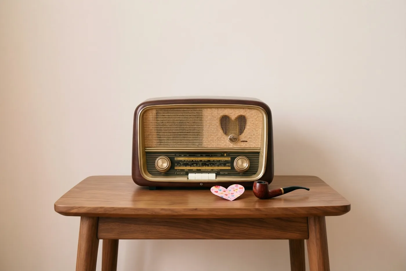 Een oude radio met een hartvormig luidsprekerrooster staat samen met een pijp en een papieren kinderhart op een houten bijzettafel tegen een effen muur in warm daglicht.
