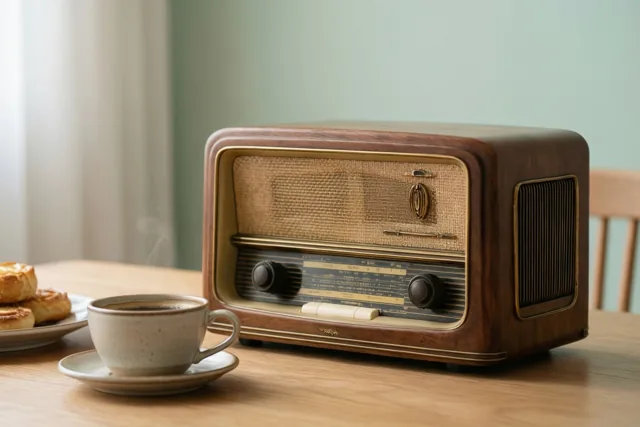 Een oude houten radio met een geweven luidsprekerrooster staat naast dampende koffie en een bord gebak op een licht houten tafel, in een zacht verlichte kamer met een bleekgroene muur en witte gordijnen.