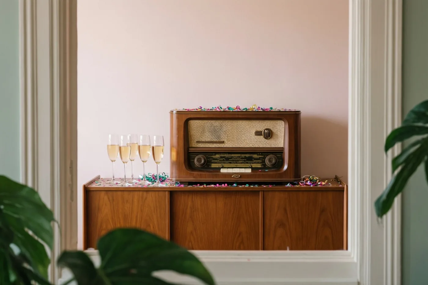 Door een deuropening is een houten radio op een dressoir te zien, met champagneglazen, confetti, monsterabladeren op de voorgrond en een zachtroze muur erachter.