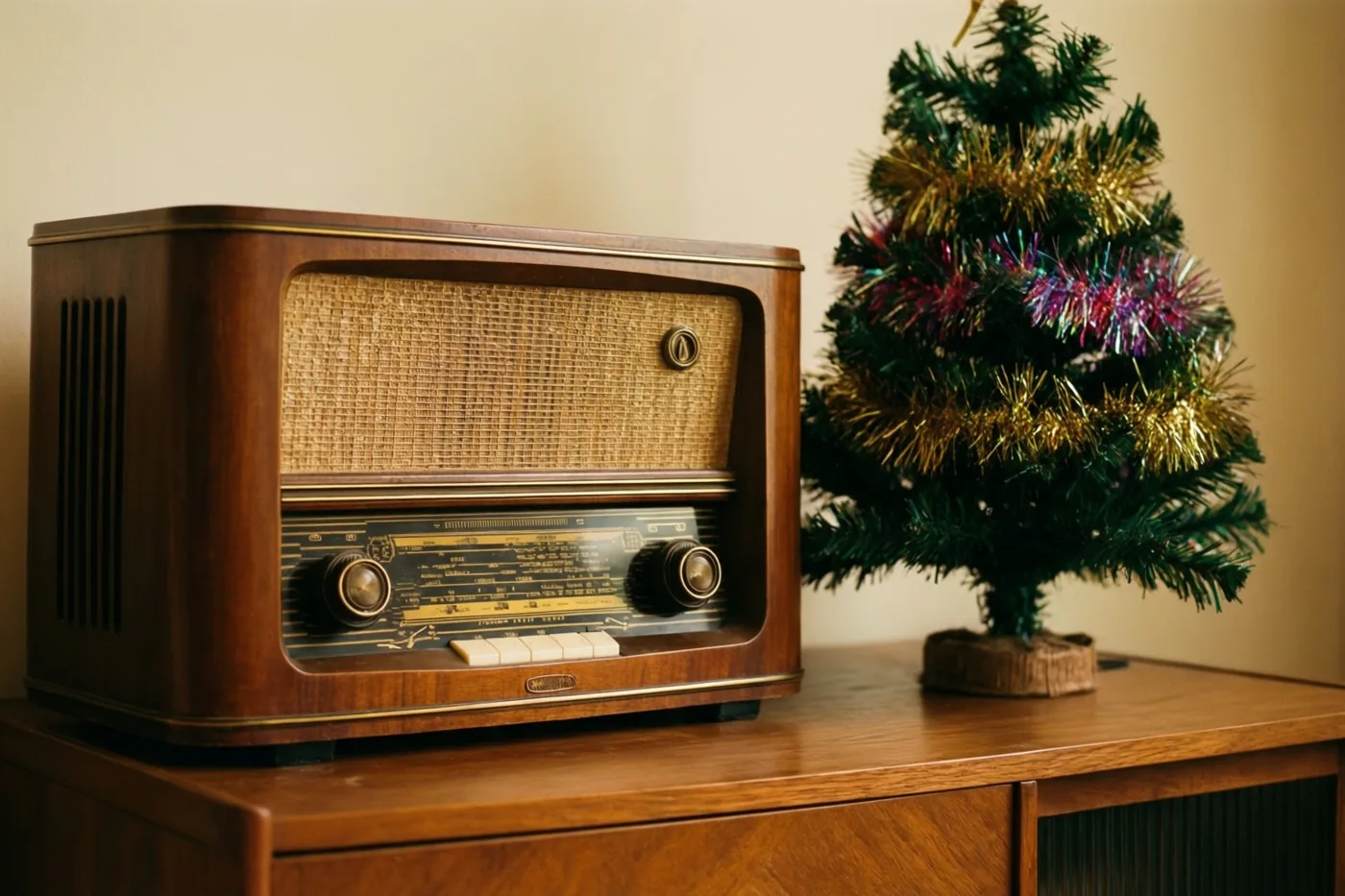 Een oude houten radio met een geweven luidsprekerfront staat naast een klein kunstkerstboompje met gouden en veelkleurige glitterslingers op een houten dressoir.