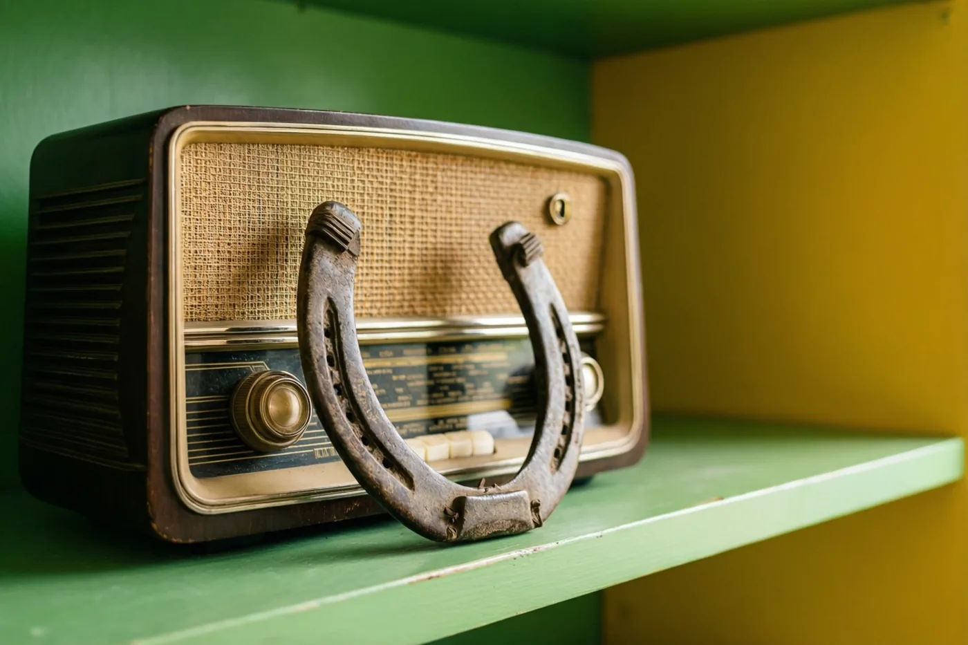 Een ouderwetse radio met een roestig hoefijzer tegen de voorkant staat op een groene plank voor een gele muur.