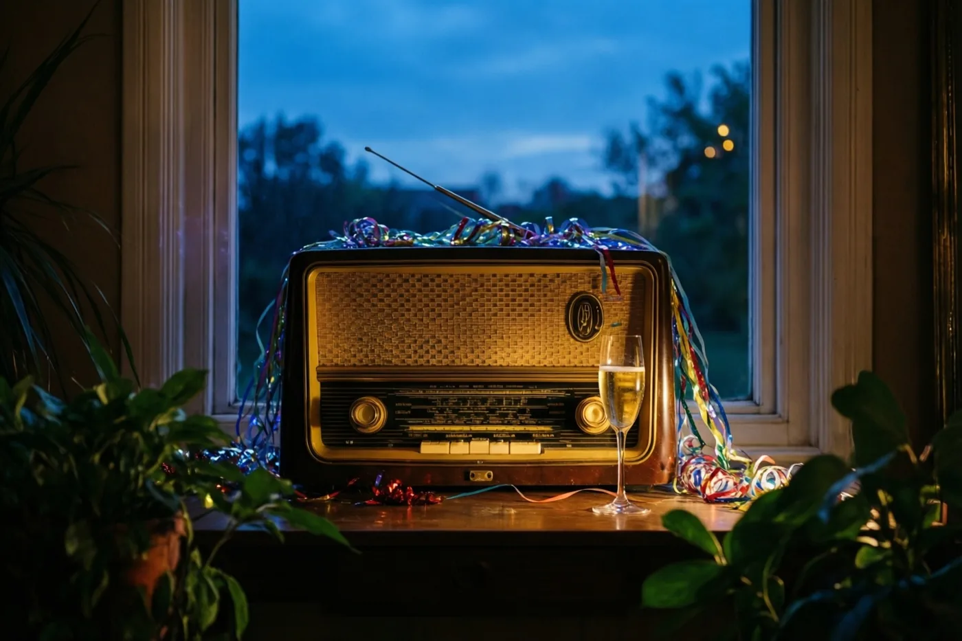 Een oude buizenradio met kleurrijke serpentines en een glas champagne staan op een houten vensterbank tussen kamerplanten, met een schemerblauwe avondlucht achter het raam.