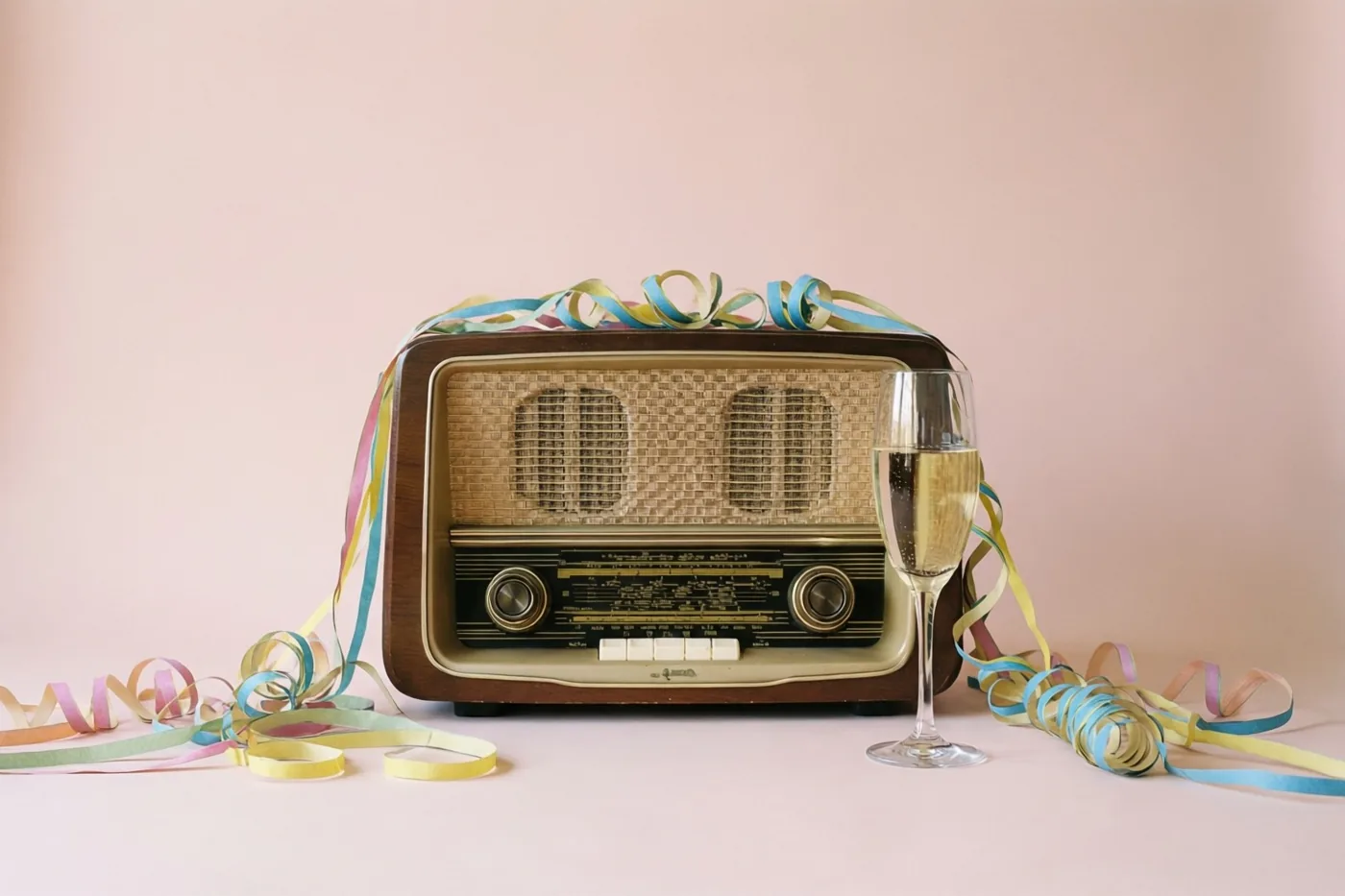 Een oude houten buizenradio met kleurrijke serpentines staat naast een glas champagne op een effen oppervlak, tegen een zachtroze achtergrond.