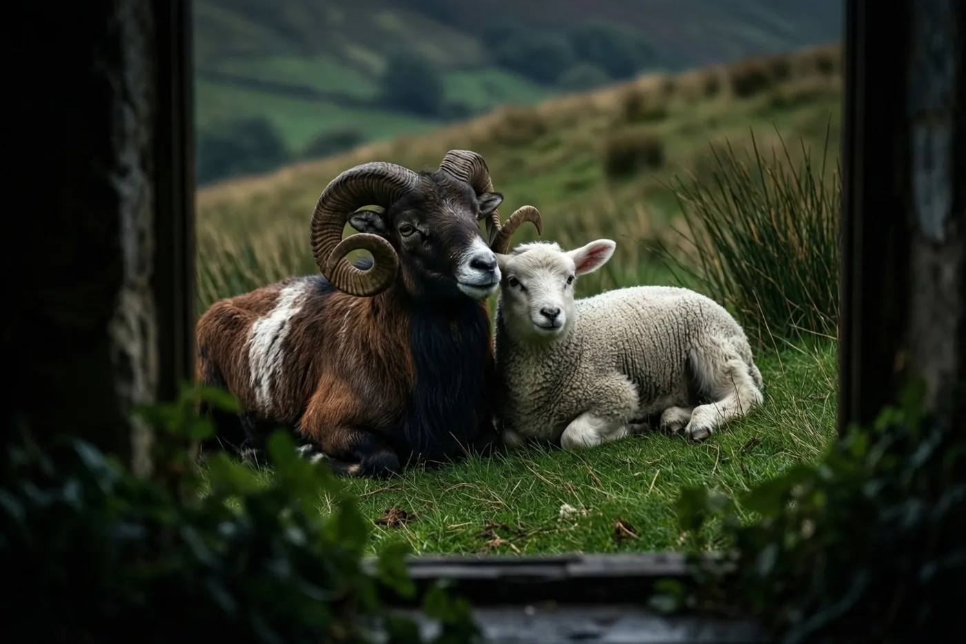 Een ram met gebogen hoorns en een lam liggen tegen elkaar op een grasheuvel, gezien door een donker houten kader met groene heuvels op de achtergrond.