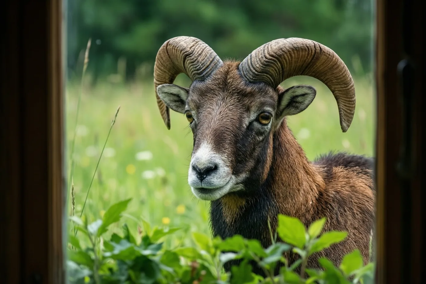 Een ram met grote gekrulde hoorns en witte accenten op zijn gezicht kijkt naar binnen door een raam met een houten kozijn, met een groene weide en wazig gebladerte erachter.