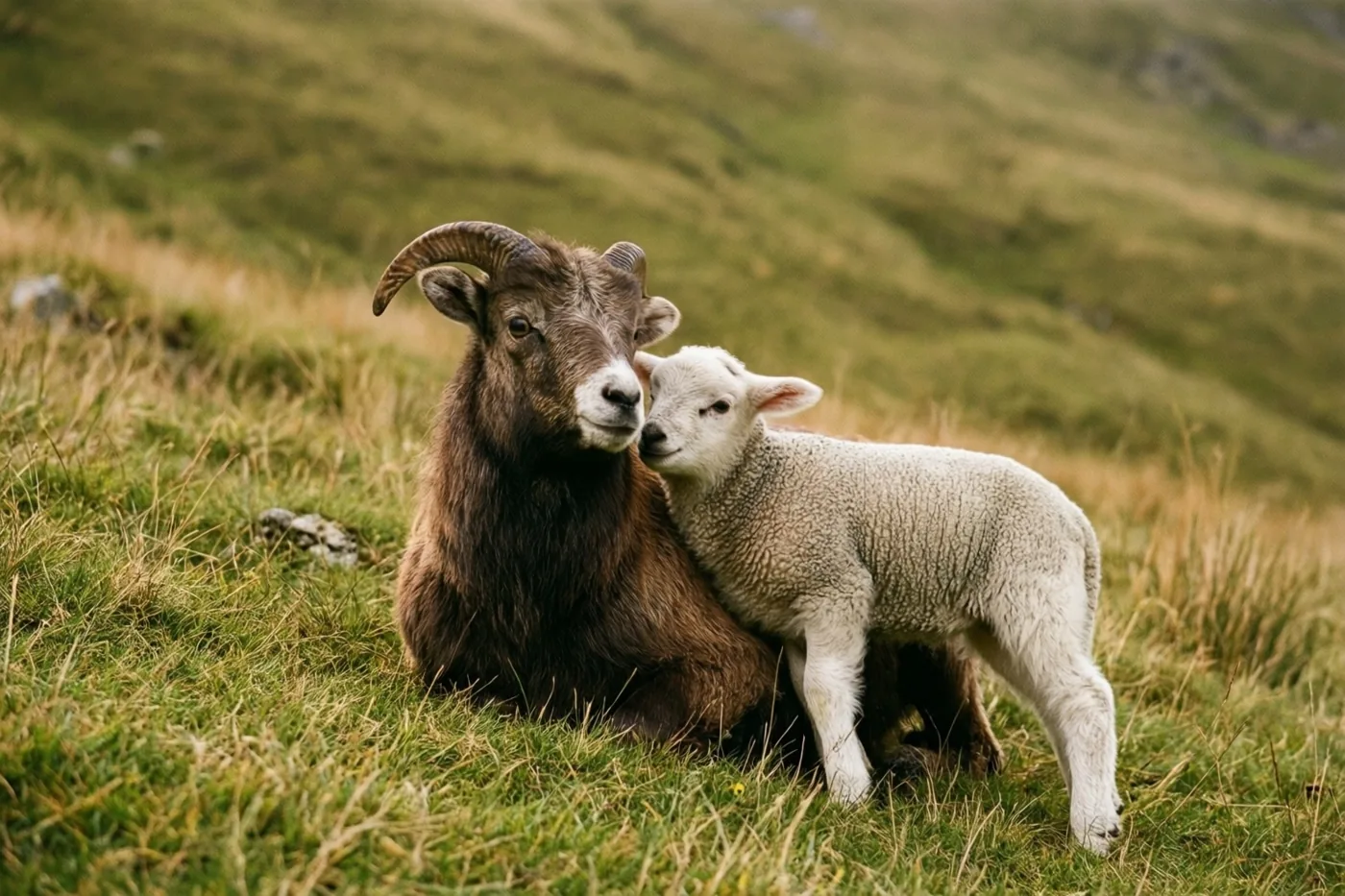 Een bruine ram met gebogen hoorns ligt op een grasheuvel met een klein wit lam tegen zich aan, in een glooiend groen landschap met zacht licht.
