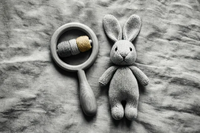 Een houten babyrammelaar en een gebreid knuffelkonijn liggen op een linnen deken in een vrijwel monochroom beeld met subtiele kleuraccenten op de rammelaar.