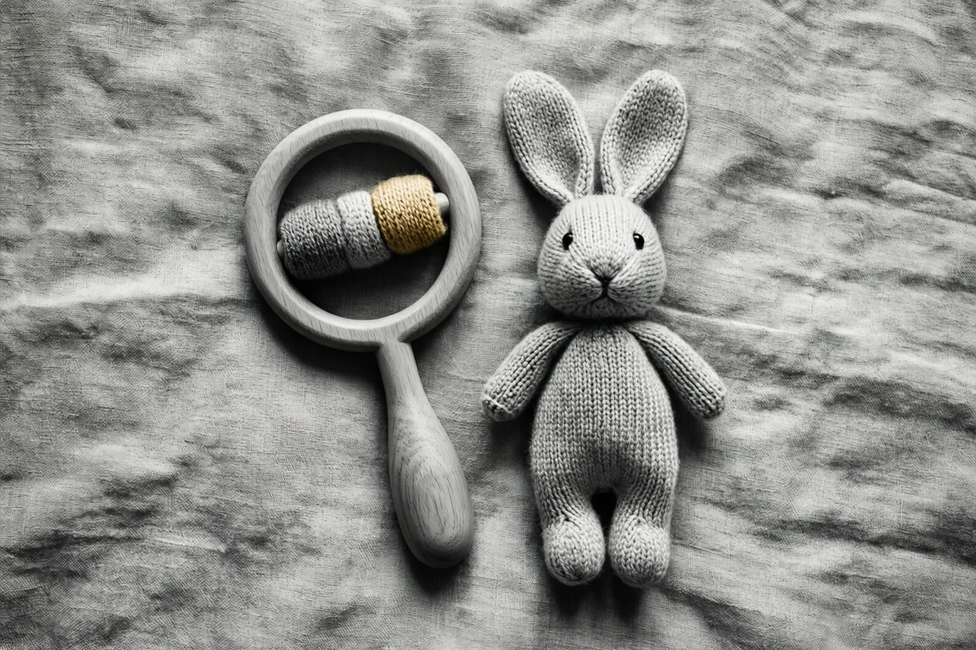 Een houten babyrammelaar en een gebreid knuffelkonijn liggen op een linnen deken in een vrijwel monochroom beeld met subtiele kleuraccenten op de rammelaar.
