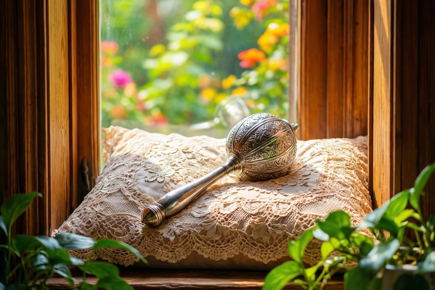 Een gegraveerde zilveren rammelaar ligt op een beige kanten kussen op een houten vensterbank, met door het raam een wazig zicht op kleurrijke tuinbloemen.