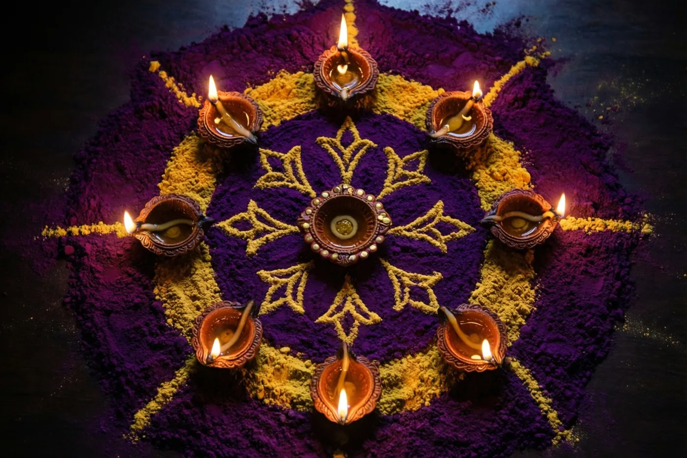 Van bovenaf is een symmetrische rangoli van dieppaars en goudkleurig poeder te zien, met brandende olielampjes op de uitstralende punten tegen een donkere achtergrond.