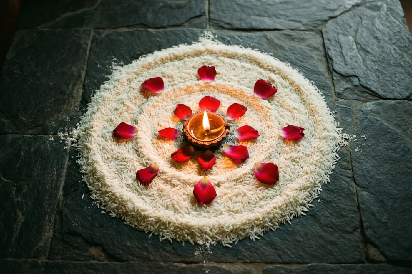 Een ronde rangoli van wit rijstmeel en rode rozenblaadjes ligt op donkere steen, met een brandend olielampje in het midden.