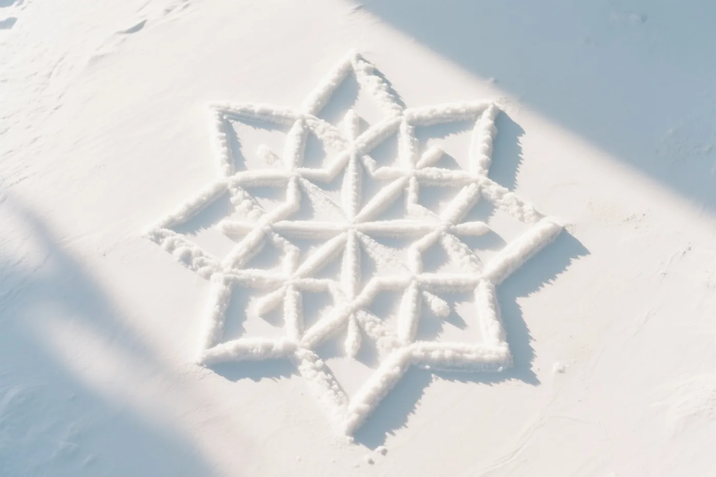 Van bovenaf is een geometrisch rangolipatroon in witte sneeuw te zien, dat op een sneeuwvlok lijkt en zachte schaduwen krijgt door het zonlicht.
