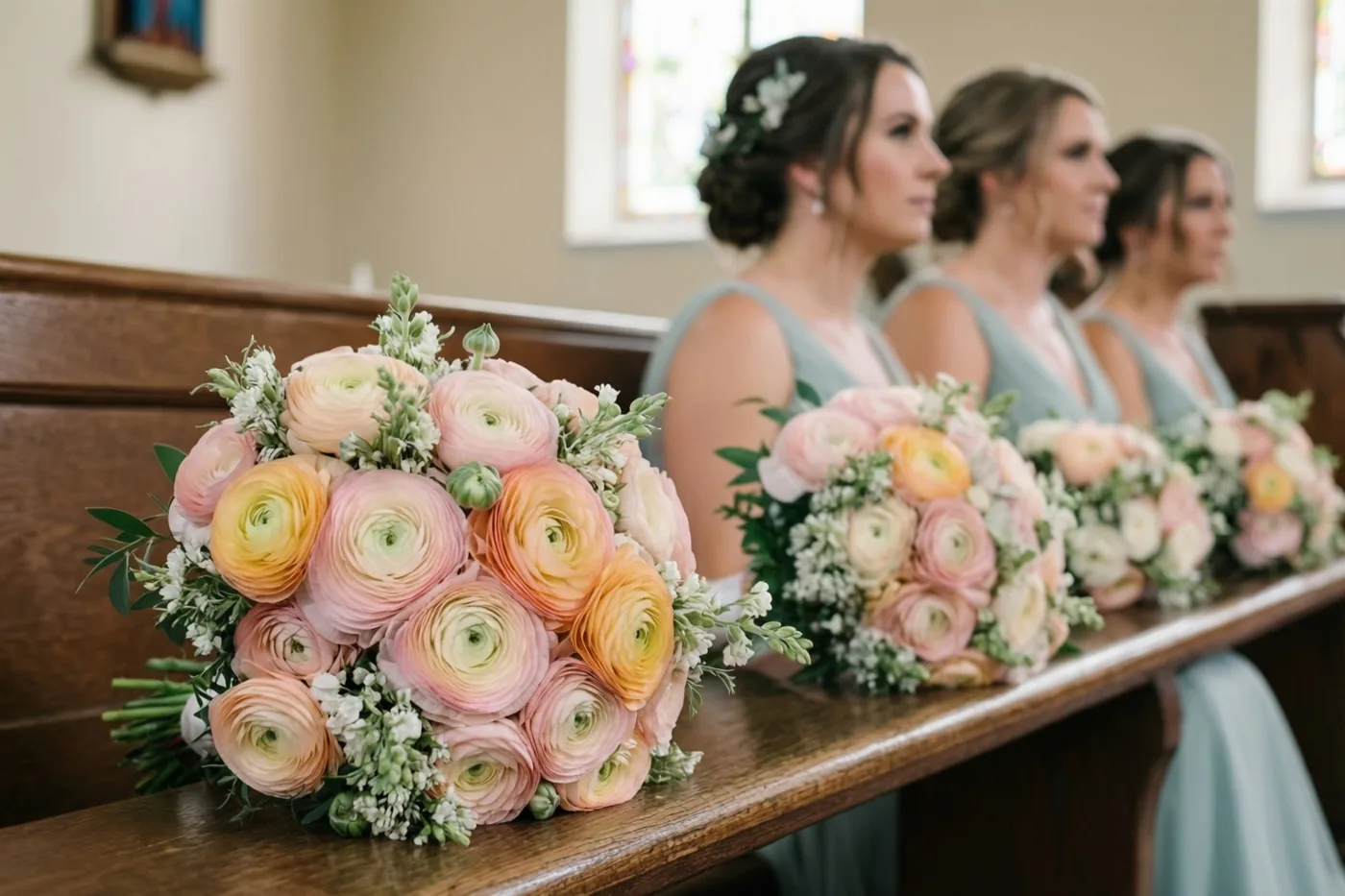 Een rij boeketten met pastelkleurige ranonkels ligt op een houten kerkbank, met bruidsmeisjes in lichtblauwe jurken erachter.
