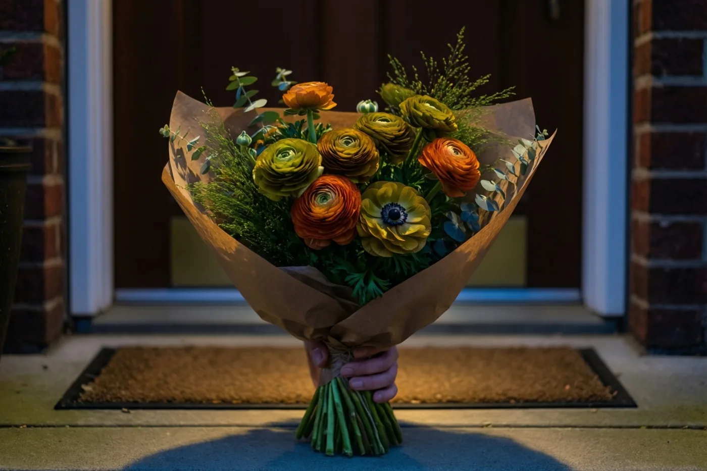 Een in bruin papier gewikkeld boeket ranonkels en anemonen wordt vastgehouden bij een huisingang met bakstenen muren en een donkere deur, in oranje, groene en gele tinten.