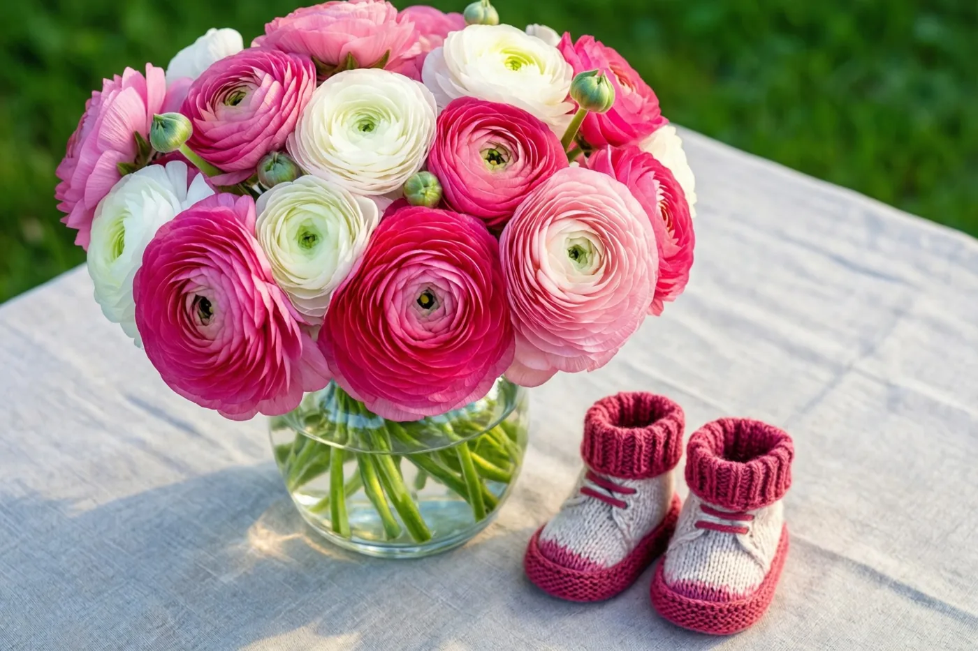 Een heldere glazen vaas met roze en witte ranonkels staat naast kleine gebreide babyslofjes op een lichtgrijs linnen tafelkleed buiten, met onscherp groen erachter.