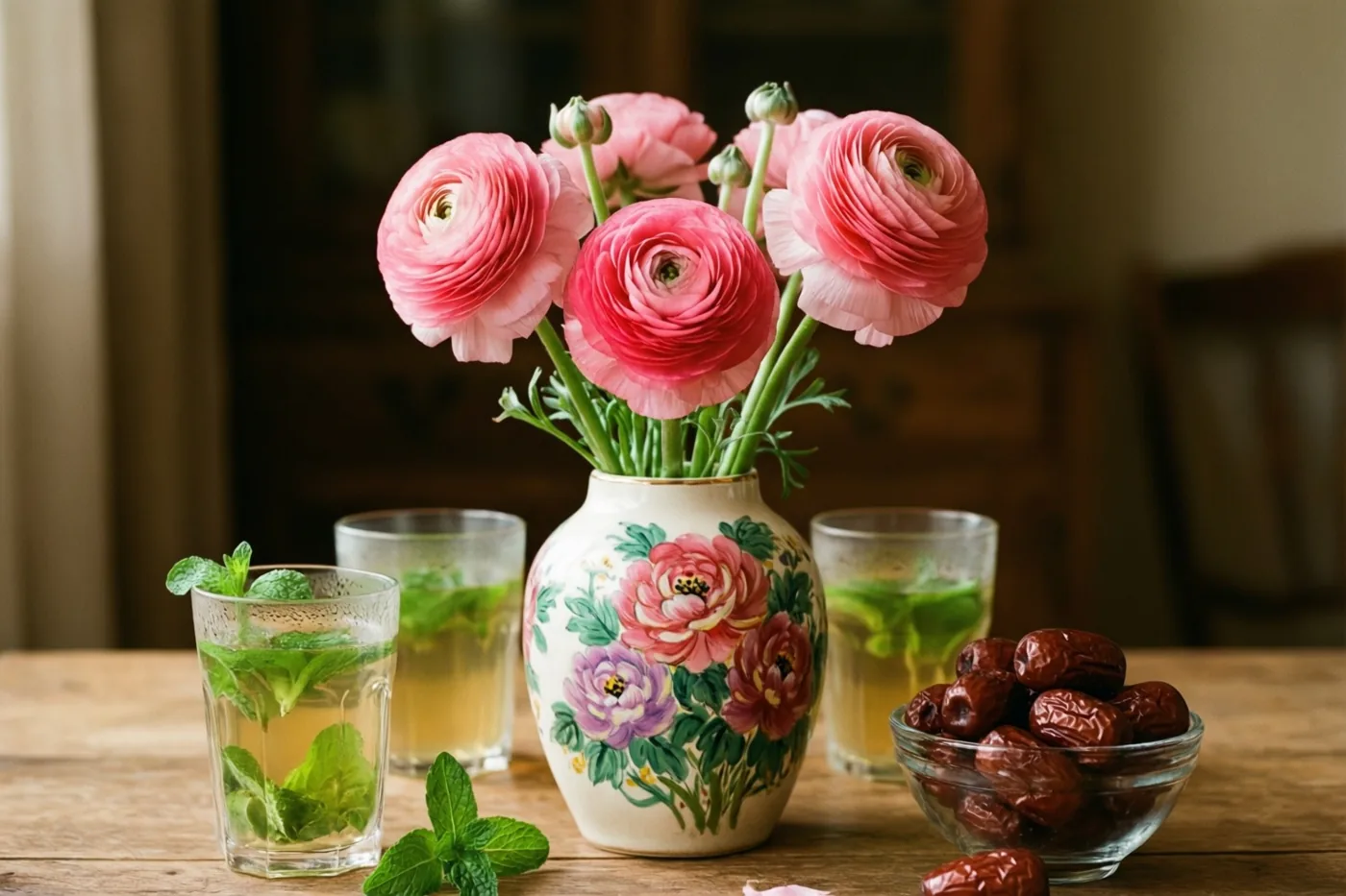 Een handbeschilderde keramieken vaas met roze ranonkels staat op een houten tafel naast drie glazen muntthee en een glazen schaal dadels, in zacht warm licht.
