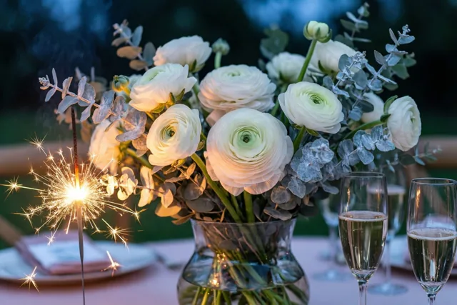Een glazen vaas met witte ranonkels en zilvergespoten eucalyptus staat buiten op een tafel naast brandende sterretjes en champagneglazen tegen een zachtblauwe schemerachtergrond.