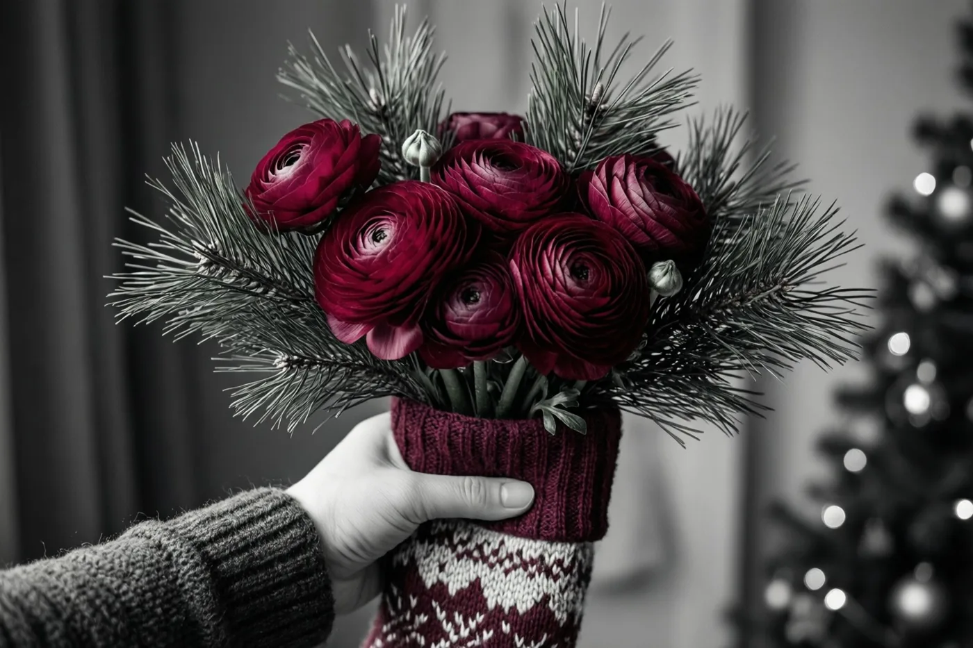 Een hand houdt een gebreide kerstsok vast met bordeauxrode ranonkels en dennentakjes, met binnen een onscherpe kerstboom op de achtergrond.