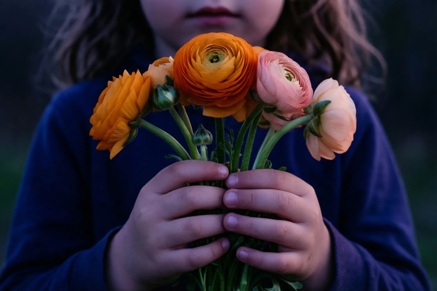 Kinderhanden houden een klein bosje ranonkels vast in een close-up met oranje, roze en diepblauwe tinten tegen een donkere onscherpe achtergrond.