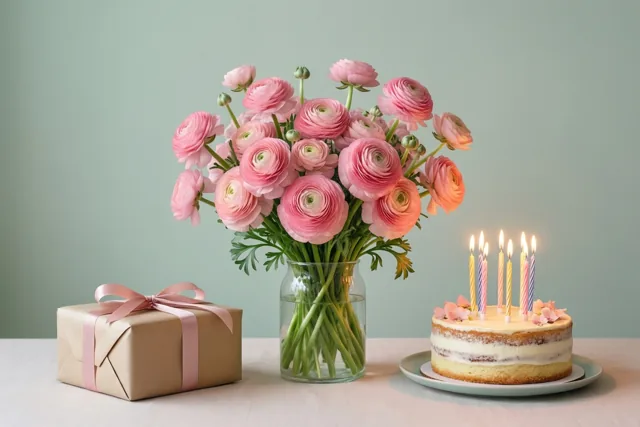 Een taartje en verjaardagsbloemen