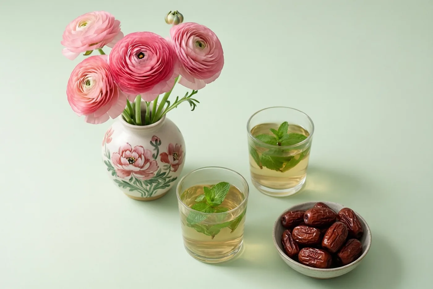 Een handbeschilderde keramieken vaas met roze ranonkels staat naast twee glazen muntthee en een schaaltje dadels op een lichtgroene ondergrond.