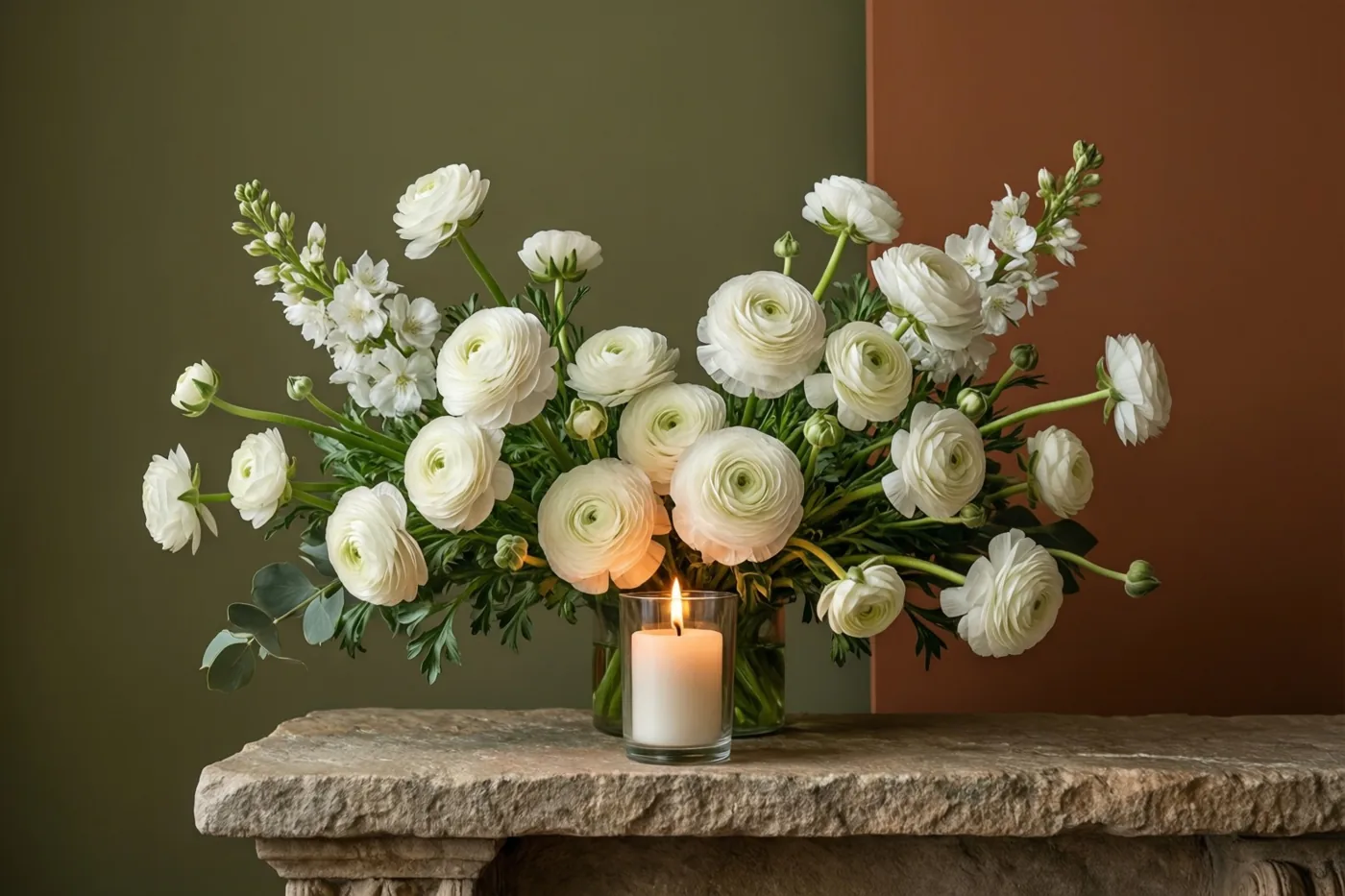 Een boeket witte ranonkels in een glazen vaas staat met een brandende witte kaars in een glazen houder op een stenen schouw, tegen een olijfgroene en terracottakleurige muur.