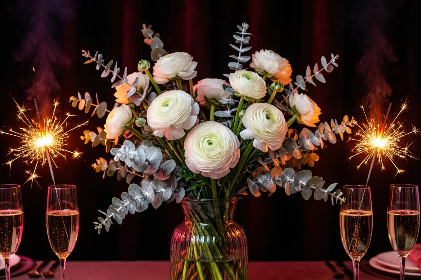 Een glazen vaas met witte ranonkels en zilverkleurig bespoten eucalyptus staat naast twee brandende sterretjes en vier champagnecoupes voor een donkerrood gordijn.