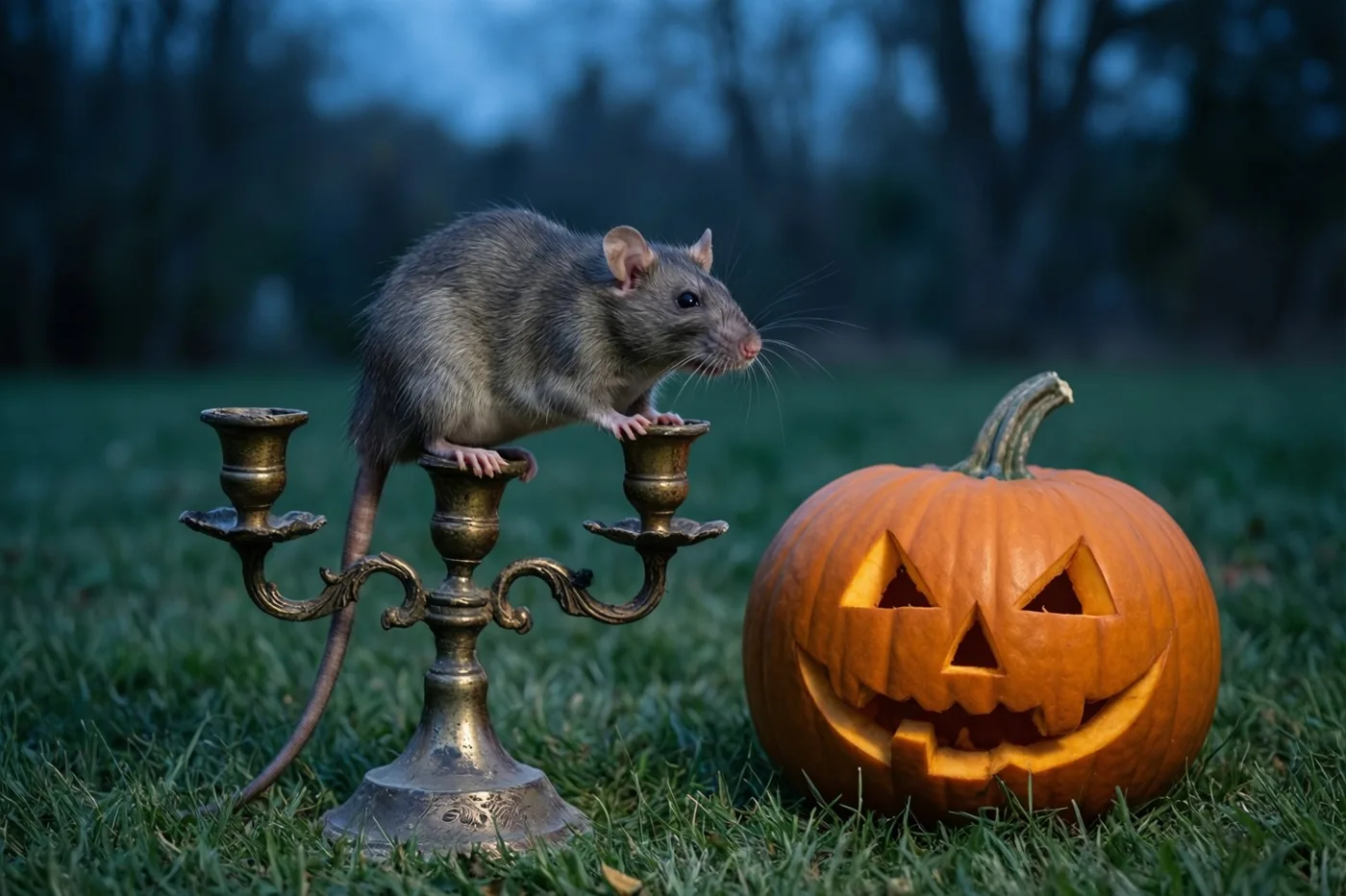 Een grijze rat zit op een sierlijke messing kandelaar op groen gras naast een uitgesneden pompoen met een lichtgevend gezicht, tegen een donkere, wazige buitenachtergrond.