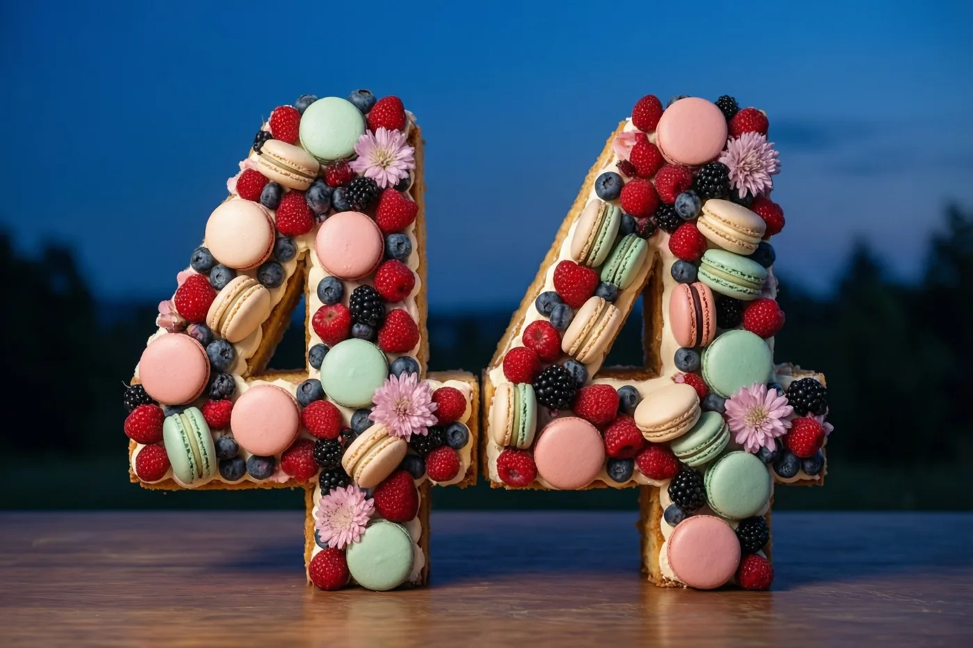 Grote rechtopstaande taartcijfers vormen 44 op een houten oppervlak tegen een schemerhemel, versierd met macarons, bessen en eetbare bloemen.
