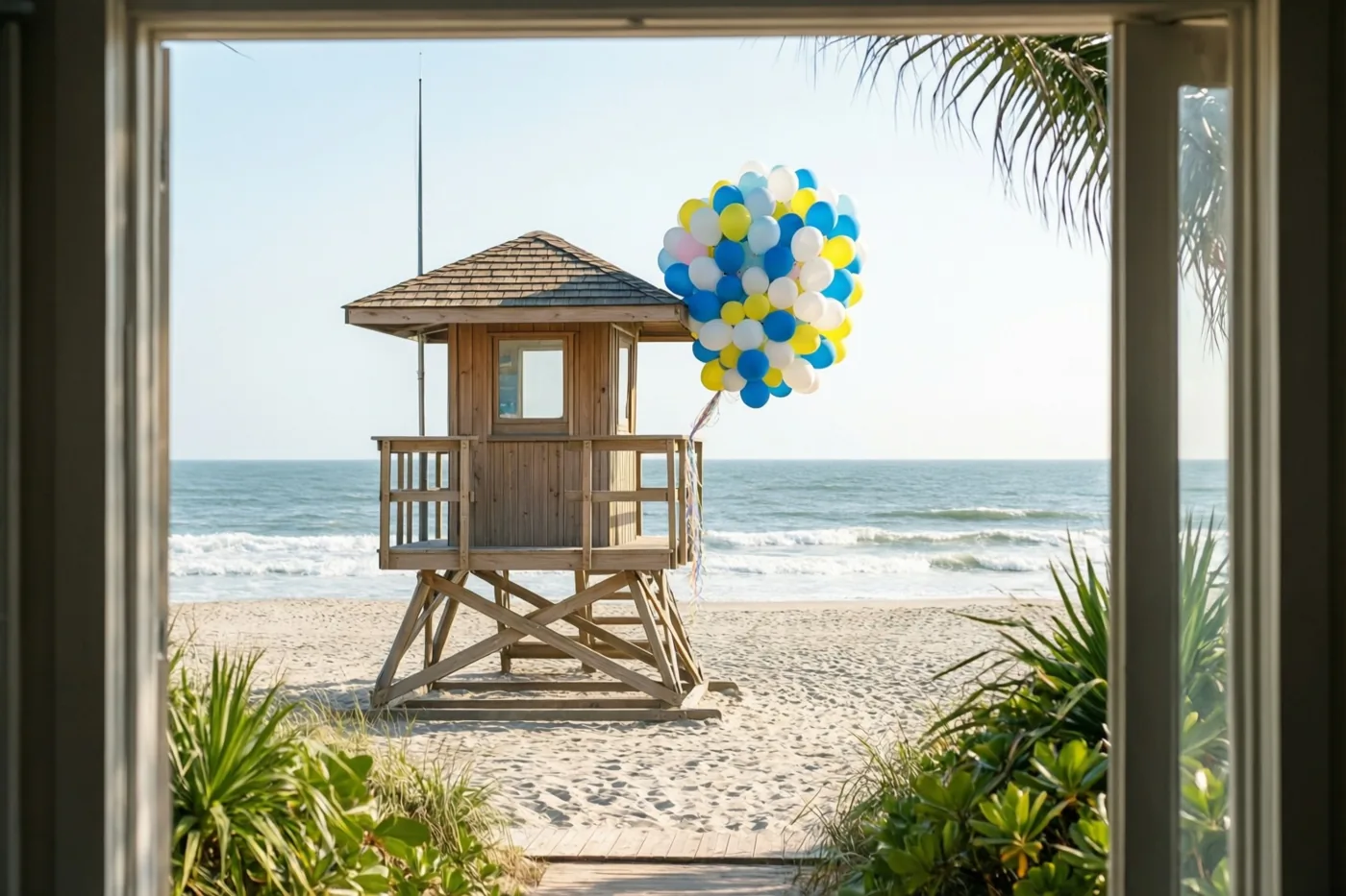 Een houten redderspost met een grote tros blauwe, gele en witte ballonnen staat op een zandstrand, gezien door een raam met palmbladeren en groen op de voorgrond.
