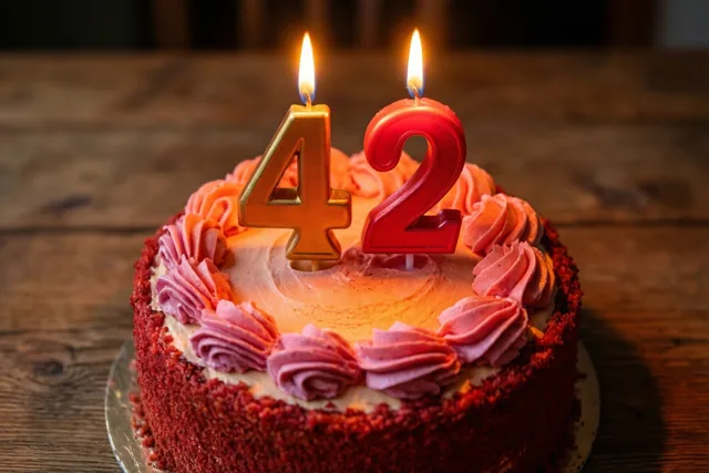 Een ronde redvelvettaart met roze glazuurrozetten en brandende cijferkaarsjes die 42 vormen staat op een houten tafel in warm kaarslicht.
