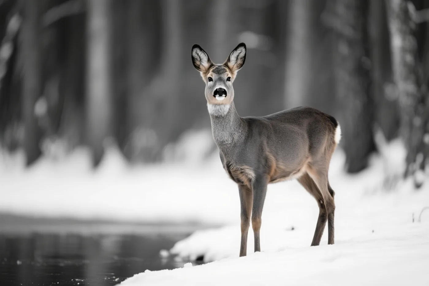 Een ree staat alert aan een besneeuwde bosrand en kijkt naar de kijker, weergegeven in één kleurtoon.