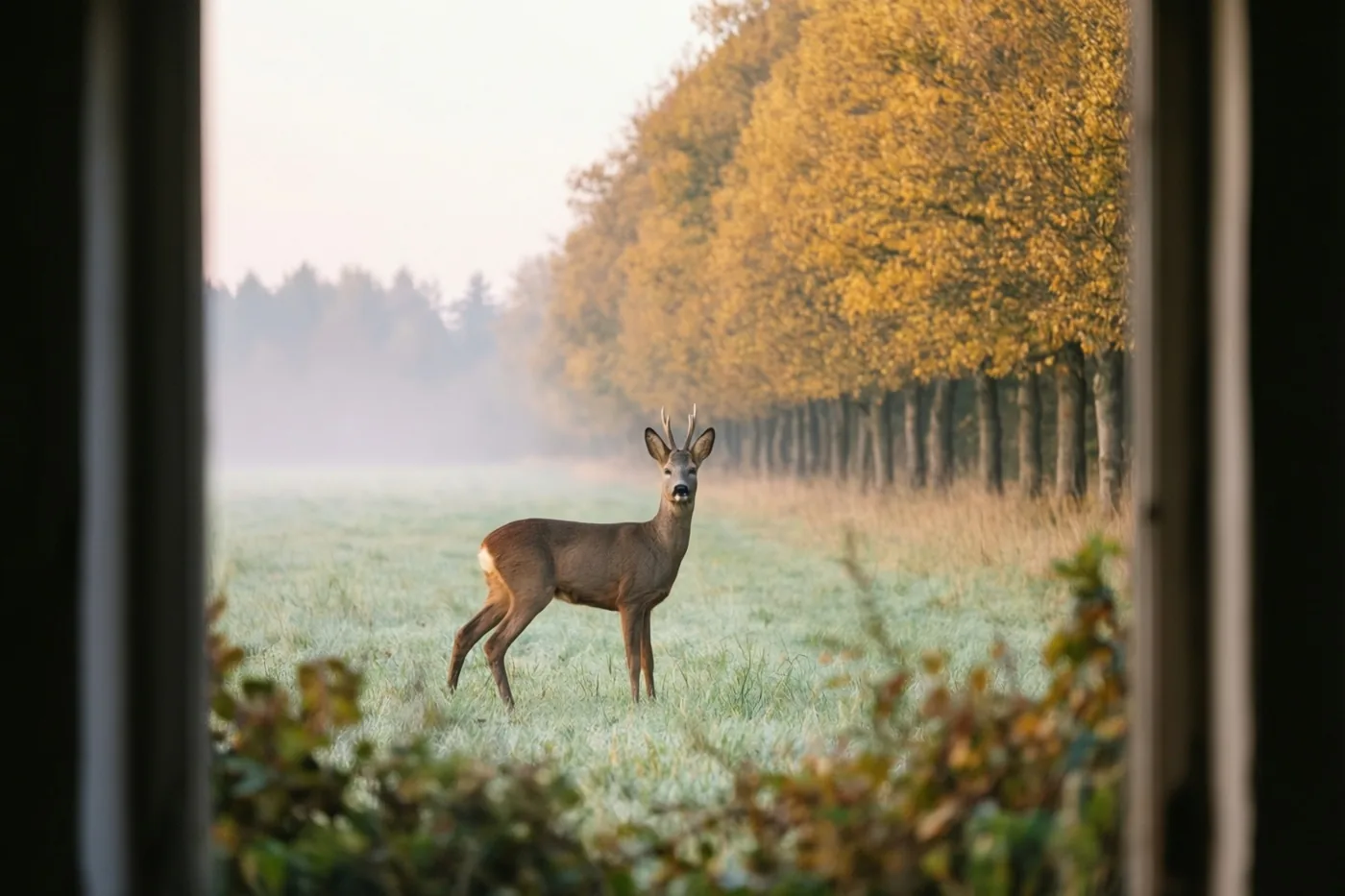 Door een raam is een alerte ree te zien in een mistig veld, met goudkleurige herfstbomen op de achtergrond en koele tinten van een nevelige ochtend.