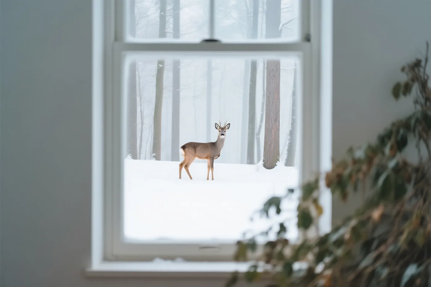 Vanuit een kamer is door een raam een ree in een besneeuwd bos te zien, met een onscherpe plant op de voorgrond in gedempte witte, grijze en bruine tinten.