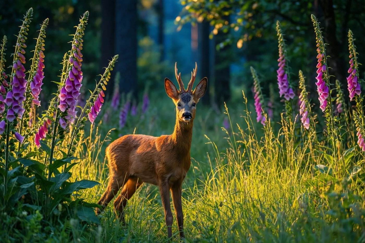 Een jonge ree met een klein gewei staat alert op een zonnige open plek in het bos, tussen hoog groen gras en paars vingerhoedskruid in warm goudkleurig licht.