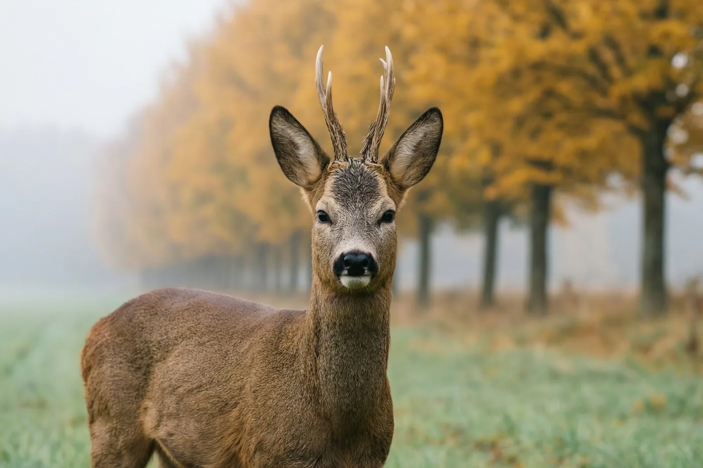 Een ree met een klein gewei staat alert in een mistig veld en kijkt naar de camera, met een wazige rij goudkleurige herfstbomen op de achtergrond.