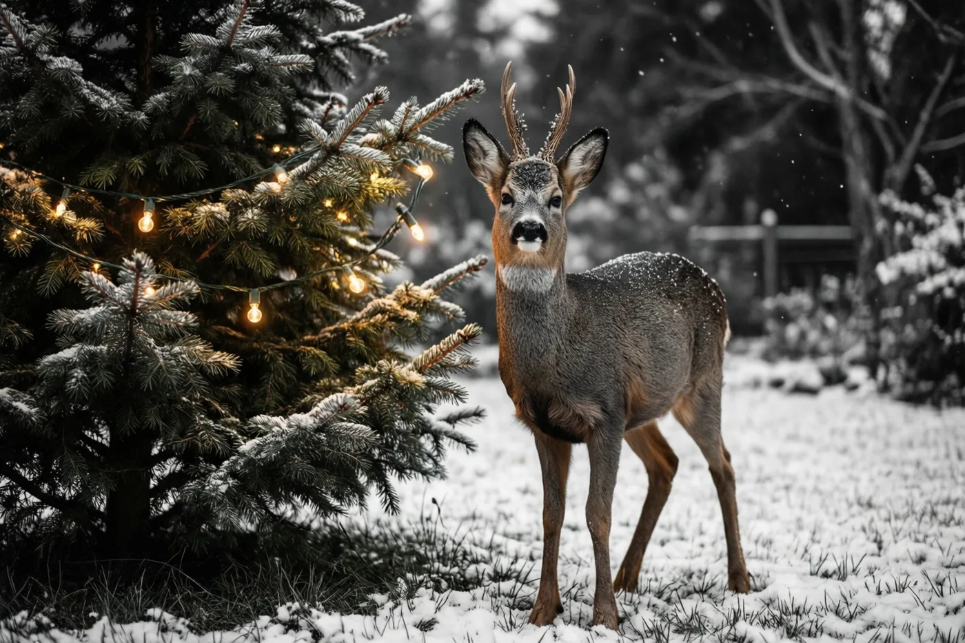 Een ree staat naast een spar met warme lichtjes in een tuin waar de grond en boomtakken met sneeuw bedekt zijn.