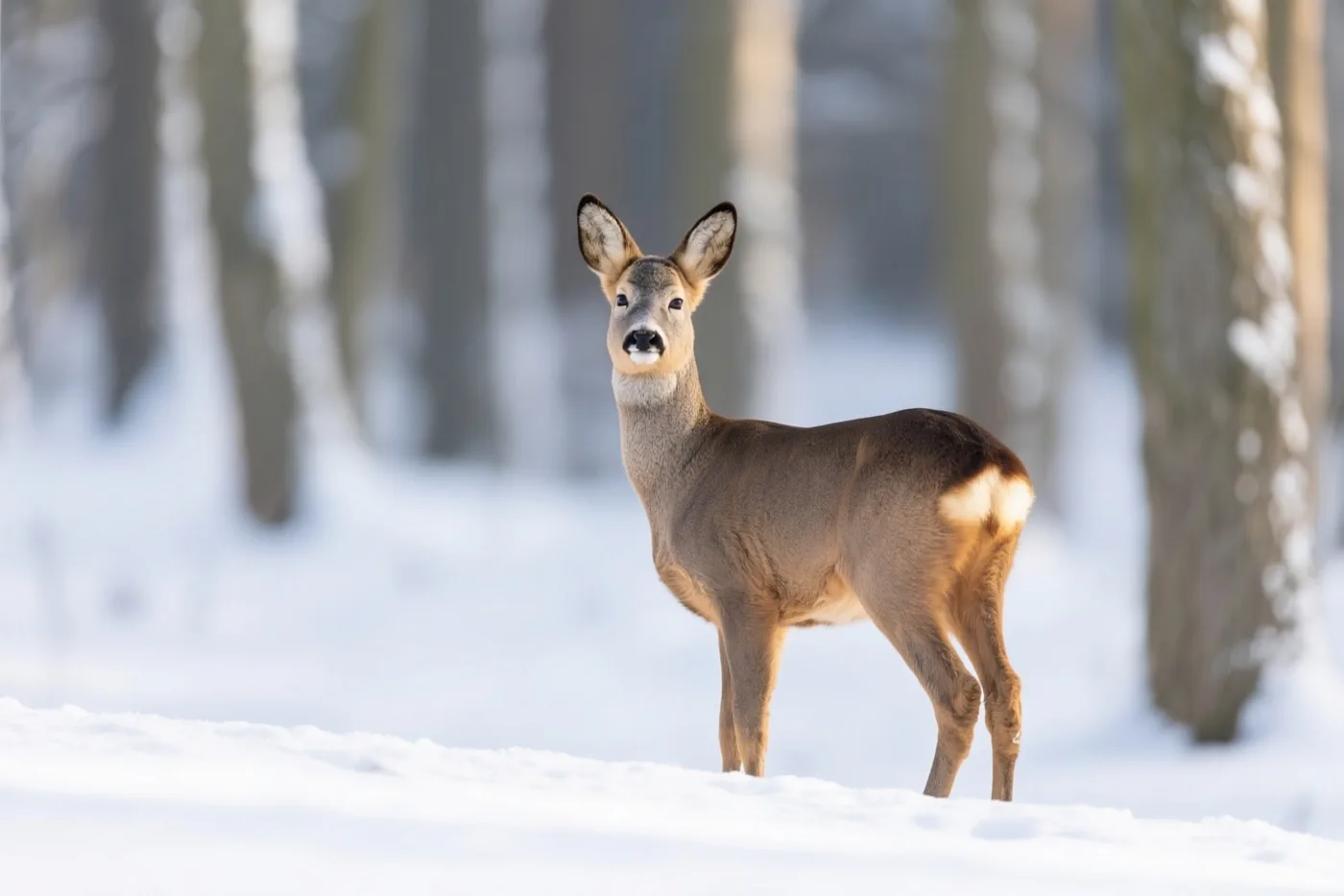 Een ree staat alert op een besneeuwde open plek in het bos en kijkt naar de camera, met onscherpe besneeuwde bomen in zacht winterlicht op de achtergrond.