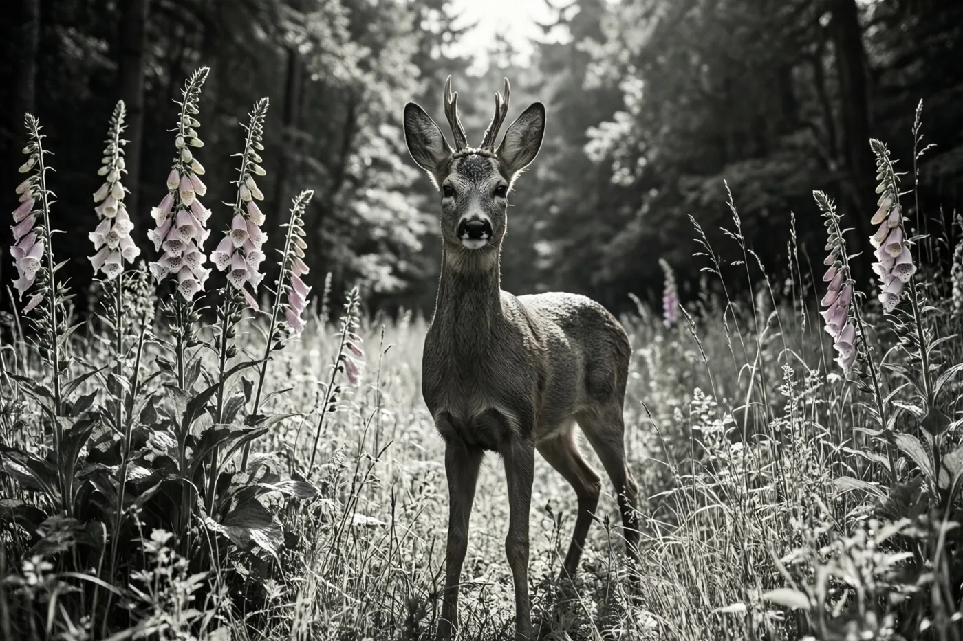 Een jonge ree staat alert op een zonnige open plek in het bos tussen hoog gras en vingerhoedskruid, in een zwart-wit beeld met gekleurde accenten.