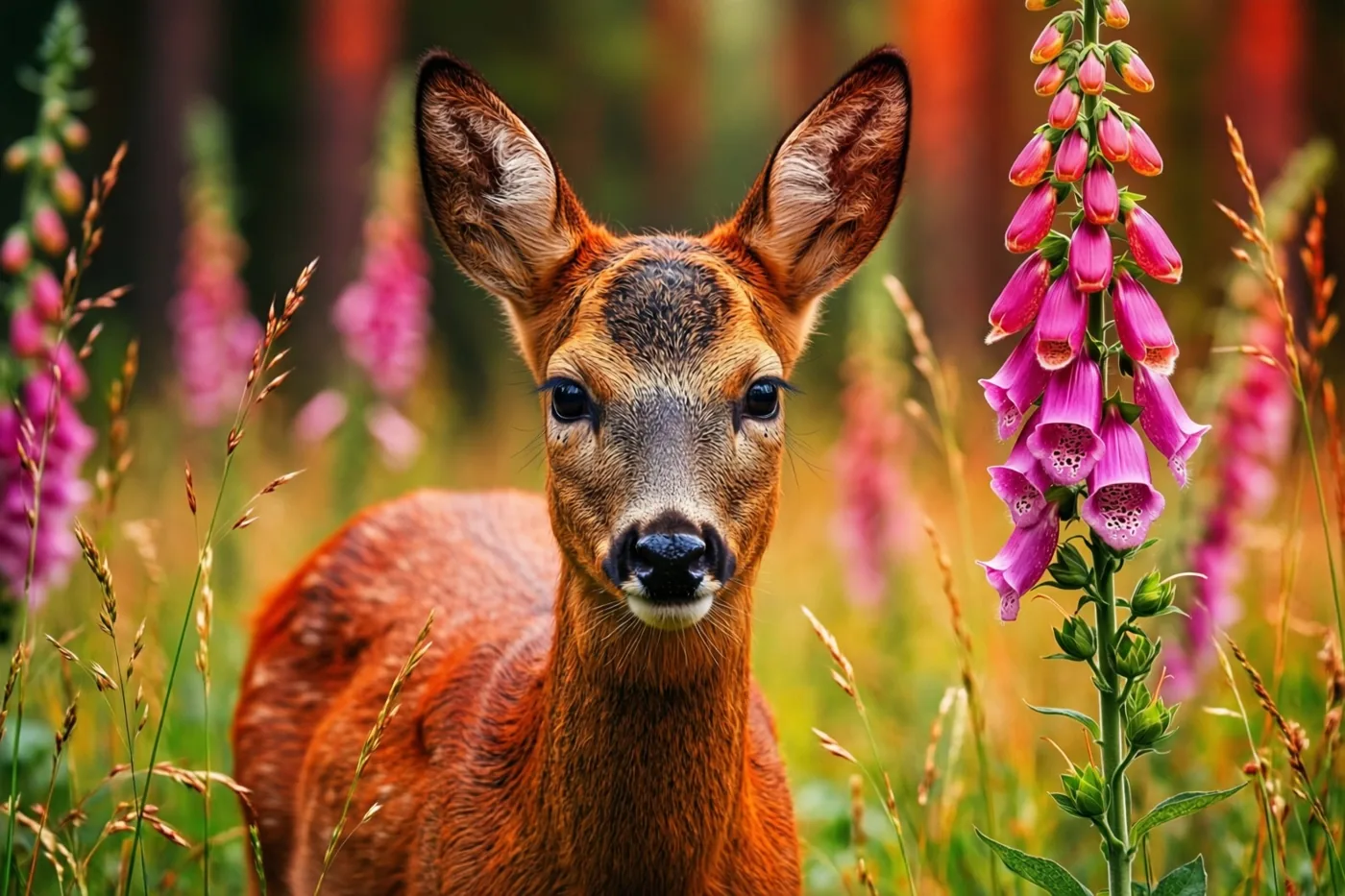 Een jonge ree staat alert op een zonnige open plek in het bos, tussen hoog gras en felroze vingerhoedskruid, tegen een zacht vervaagde achtergrond.