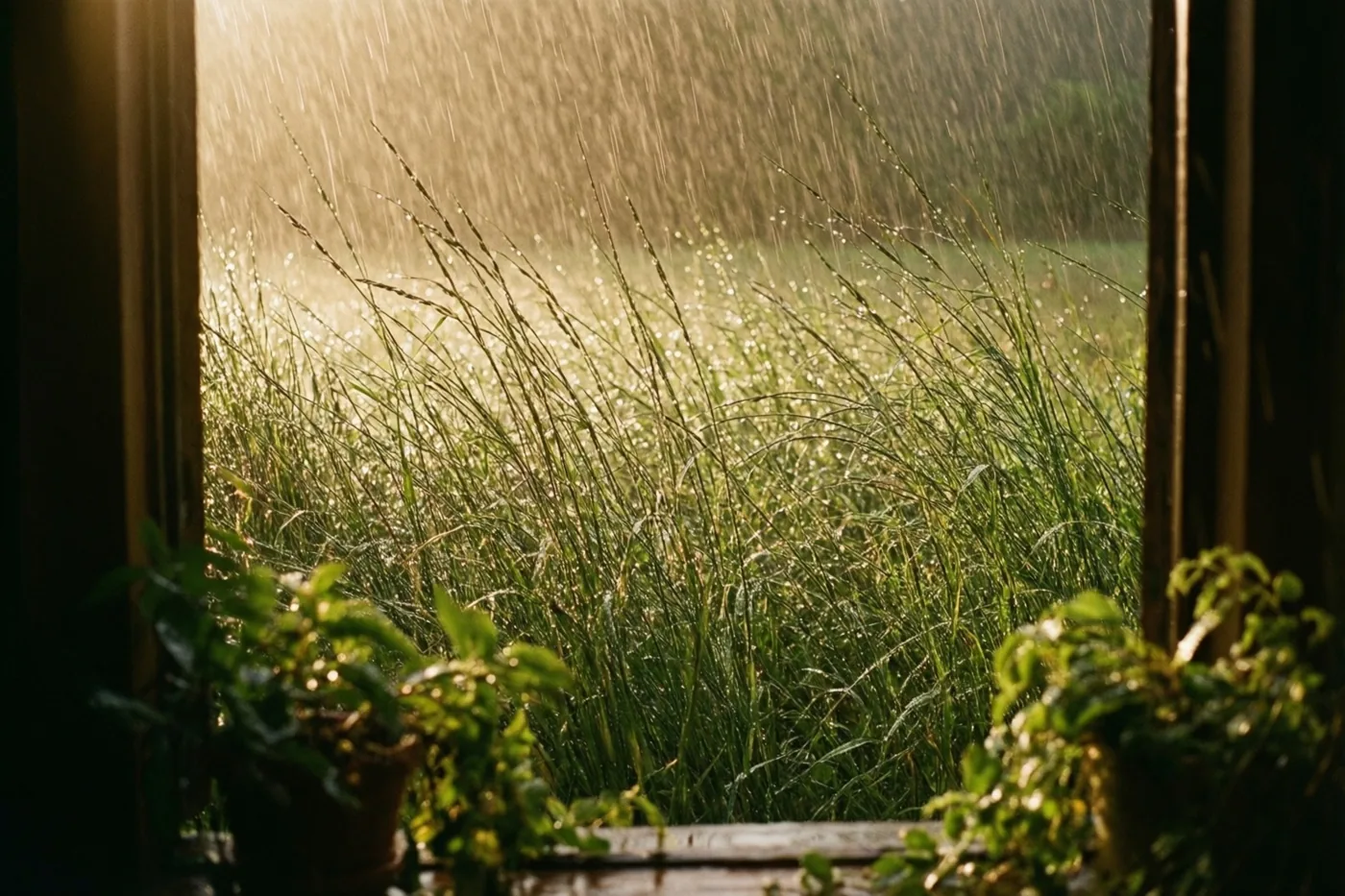 Door een houten raam zie je regen op hoog groen gras in warm zonlicht, met potplanten op de voorgrond.