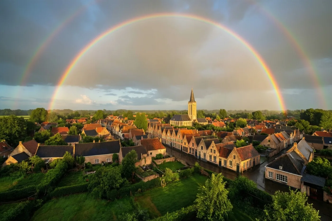 Een dubbele regenboog staat boven een Vlaams dorp met bakstenen huizen en een kerktoren, in een groen landschap onder een bewolkte lucht.