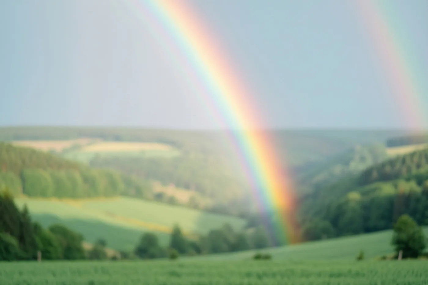Een kleurrijke regenboog staat boven een brede groene vallei met glooiende heuvels en bossen, in een zacht onscherp beeld bij daglicht onder een heldere hemel.