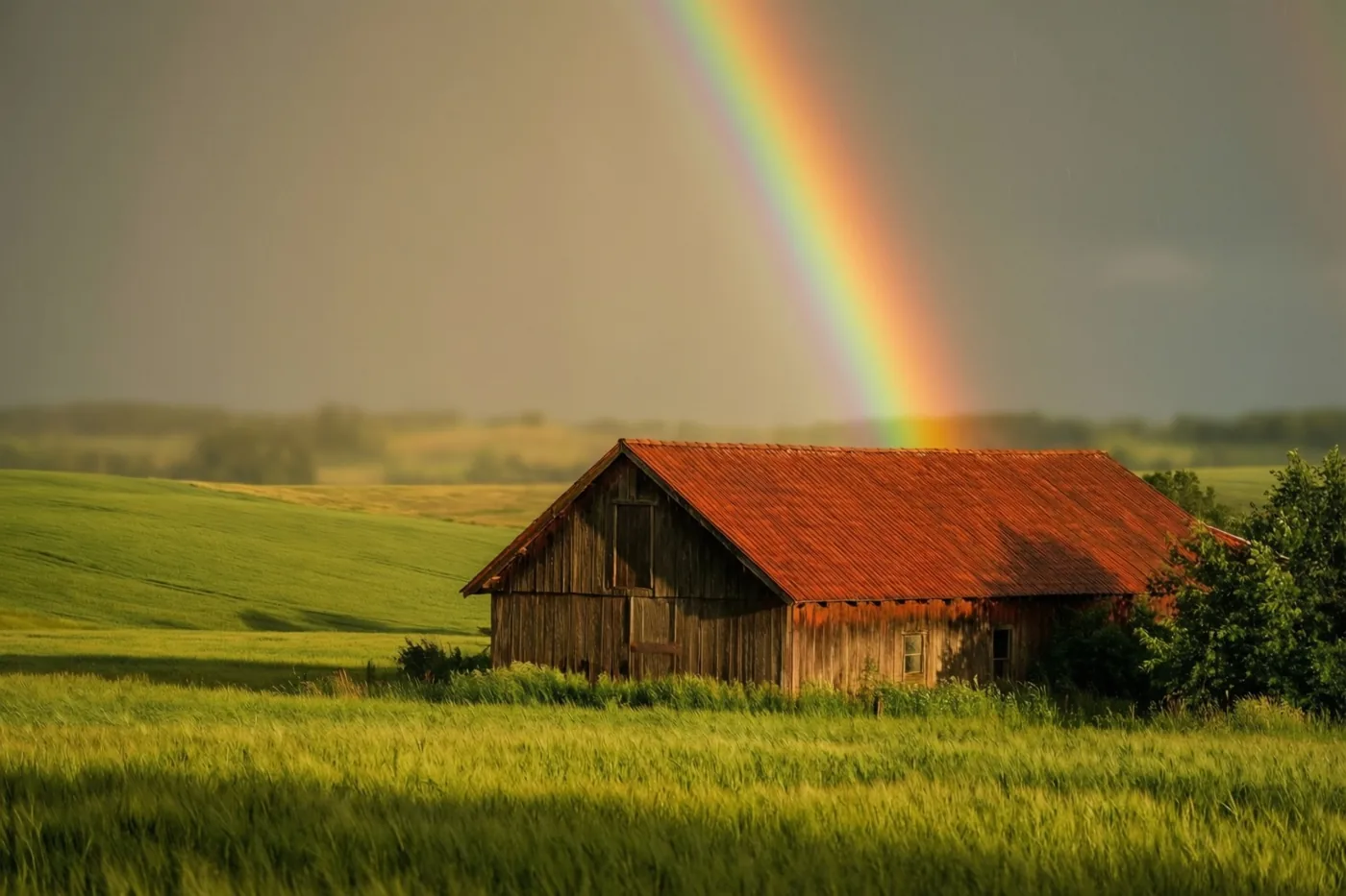 Een verweerde houten schuur met een rood dak staat in een groene weide onder een regenboog en een bewolkte hemel, met warm zonlicht over het landschap.