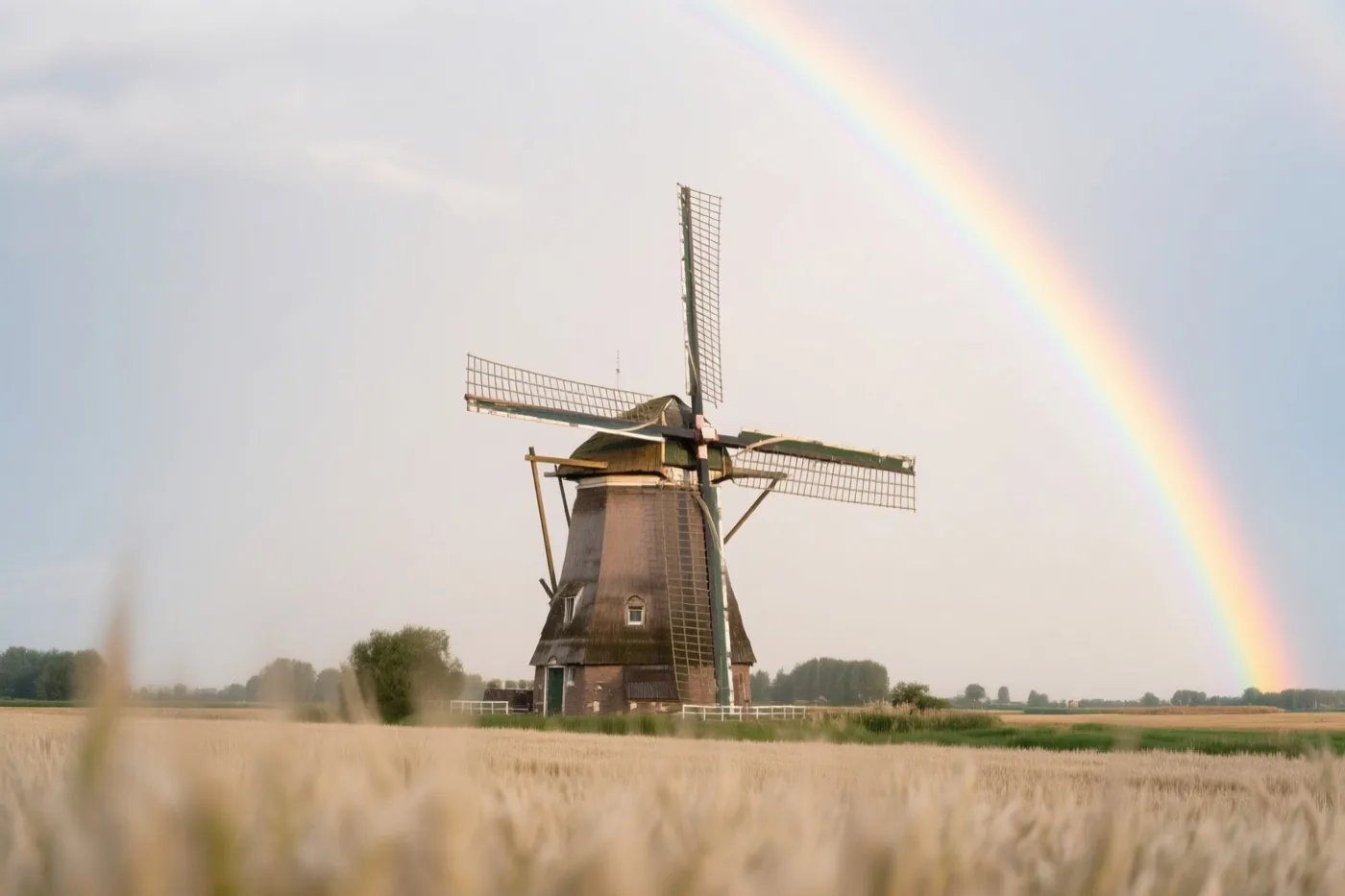 Een traditionele windmolen staat in een goudkleurig tarweveld onder een bleke lucht, met rechtsboven een kleurrijke regenboog.