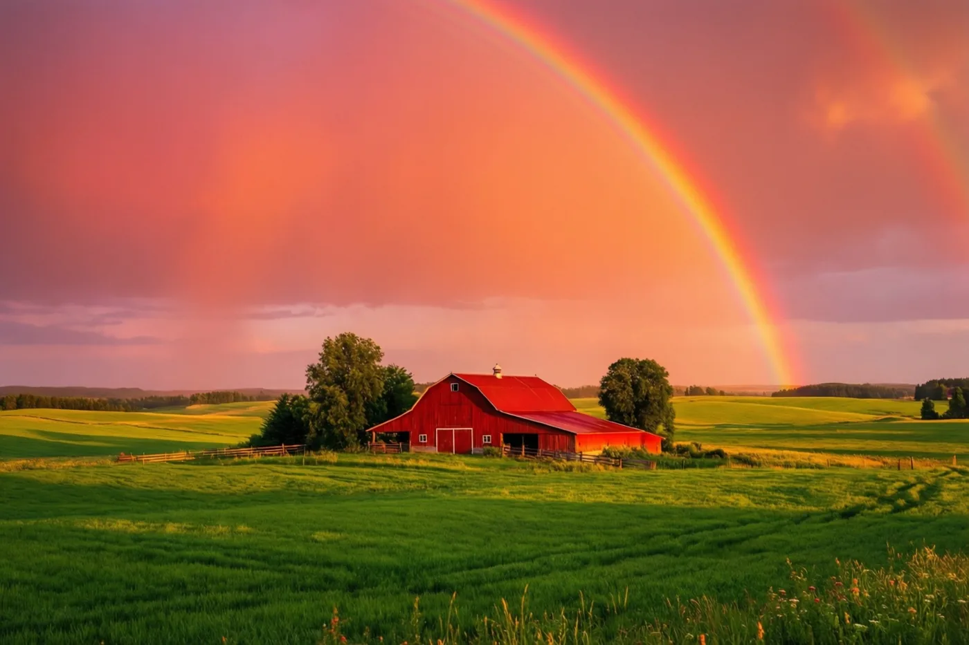 Een schuur met een rood dak staat in een uitgestrekte groene weide onder een regenboog aan een roze en oranje hemel.