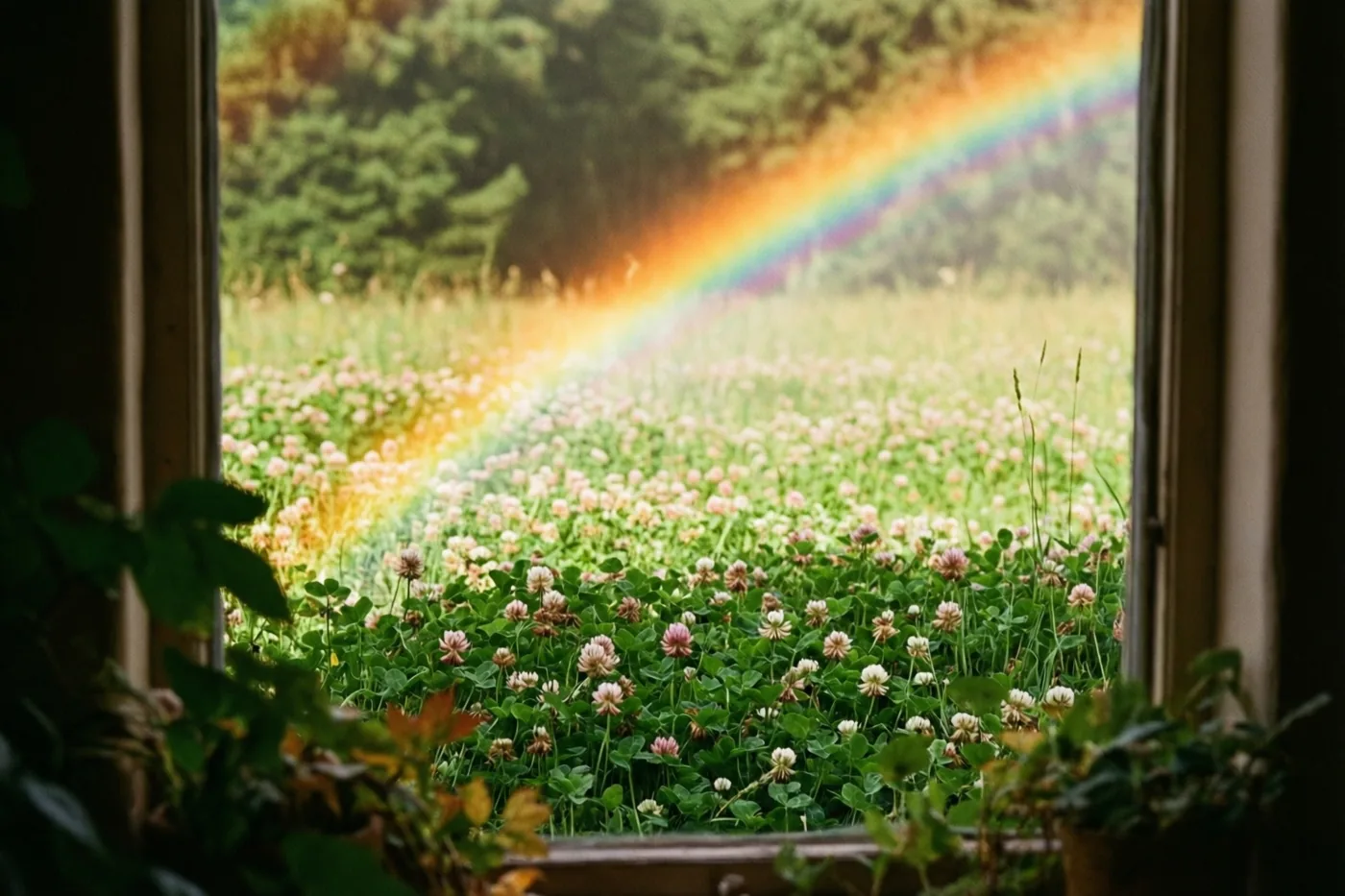 Door een houten raam met kamerplanten is een kleurrijke regenboog boven een weide vol klaver te zien in groene en roze tinten.