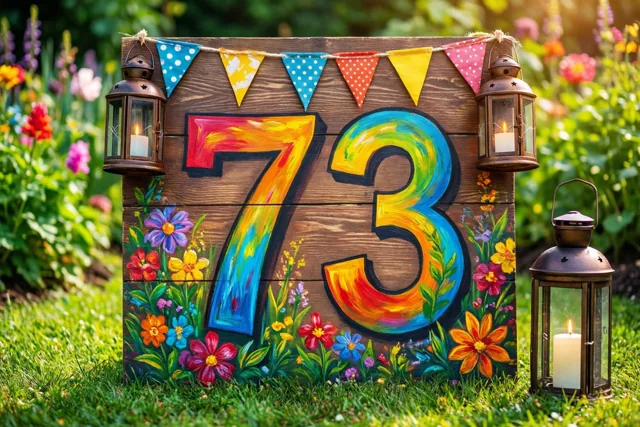 Een houten bord met 73 in regenboogkleuren en geschilderde bloemen staat in een zonnige tuin met vlaggetjes, brandende lantaarns en bloemen.