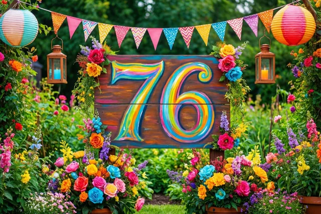 Een houten bord met 76 in regenboogkleuren staat in een tuin tussen kleurrijke bloemen, vlaggetjes en papieren lantaarns.
